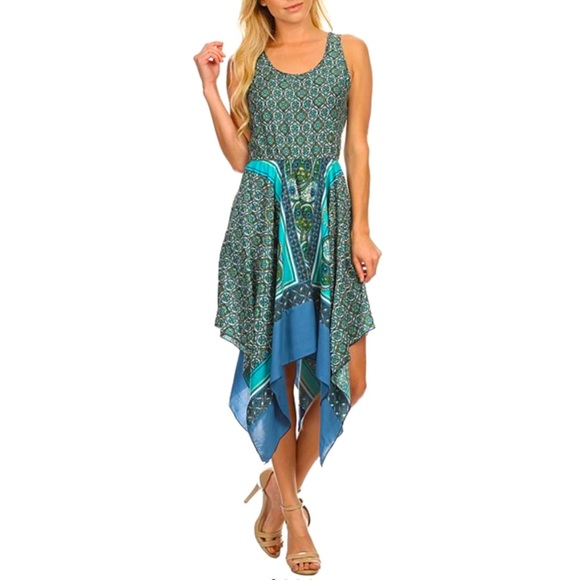 Nordstrom A-List Teal Green Blue Paisley Handkerchief Sleeveless Scoopneck Dress - Picture 2 of 10